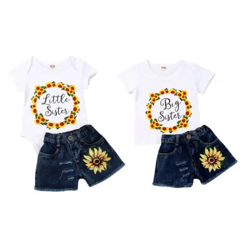 2019 Summer Baby Girl Sister Matching Sunflower Tops T-shirt Romper +Denim Shorts 2pcs Outfits Set
2019 Summer Baby Girl Sister Matching Sunflower Tops T-shirt Romper +Denim Shorts 2pcs Outfits Set