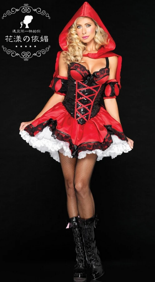 

2015 Latest Party Costume Little Red Riding Hood Clothing Anime Halloween Sexy Women Costume Vetement Femme Ruffles Dress BI62