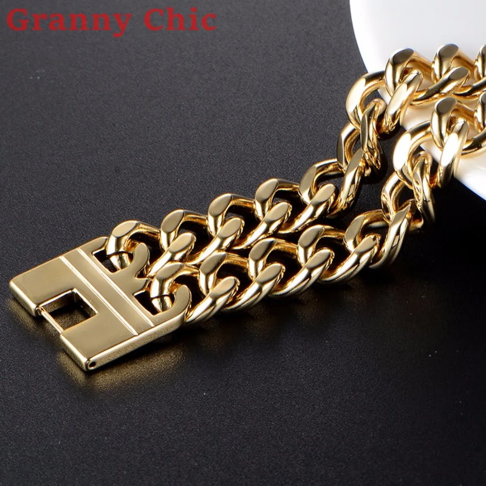 Granny Chic 9" 23cm New Charming Gold Color Link Chain Bracelets Stainless Steel Double Curb Cuban Mens Women Bracelet Wholesale |