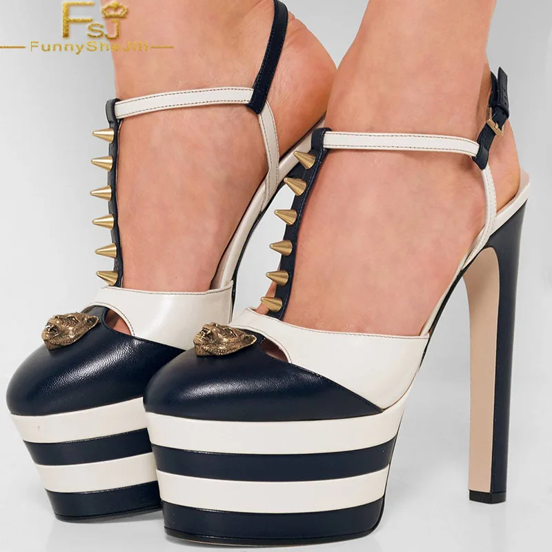 Gold Rivets And Metallic Decoration Heels Black and White Slingback Platform Stiletto Heel Sandals Summer Shoes Woman 4-16 FSJ
Gold Rivets And Metallic Decoration Heels Black and White Slingback Platform Stiletto Heel Sandals Summer Shoes Woman 4-16 FSJ