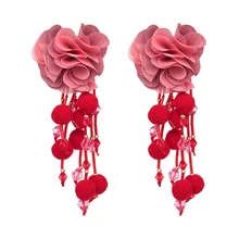 Wholesale JUJIA Bohemian Long Flower Earrings Pom Pom Big Statement Earrings Fringe Drop Earrings Women Jewelry