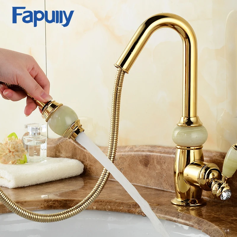 Fapully Gold Bathroom Faucet Single Handle Basin Pull Out Sink Faucets Water Mixer Tap Double Color Jade Handle Deck Mounted
Fapully Gold Bathroom Faucet Single Handle Basin Pull Out Sink Faucets Water Mixer Tap Double Color Jade Handle Deck Mounted