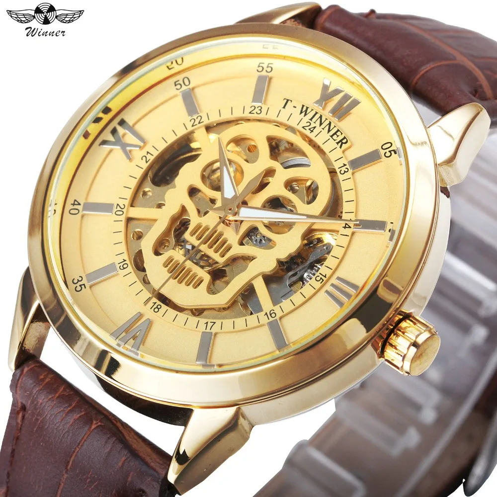 WINNER золотые часы с изображением черепа для мужчин кожаный ремешок Топ бренд