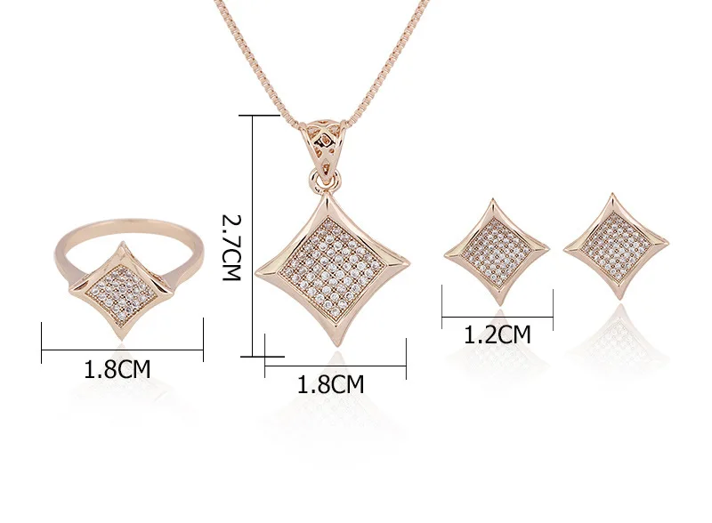 Full Rhinestone Jewelry Sets For Women Gold Color Micro Crystal Geometric Square Pendant Necklace Earrings Ring Set Bridals | Украшения и
