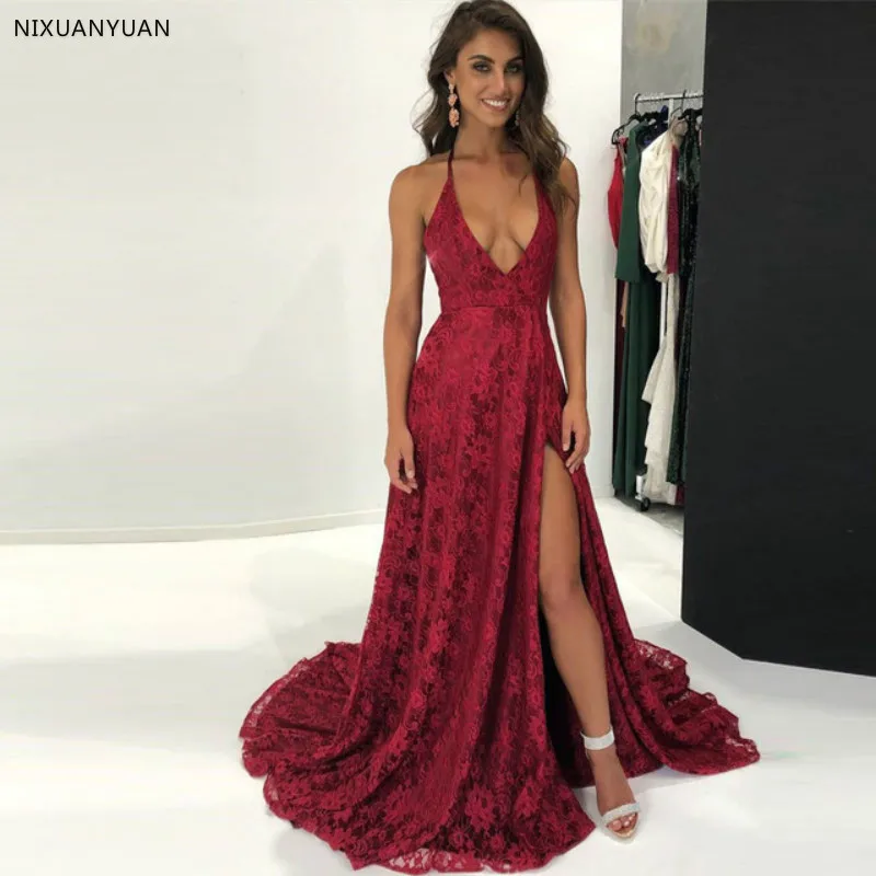 Burgundy Sexy V Neck Prom Dresses Long Backless Lace Slit Halter Evening Dress Floor Length Party Vestidos De Festa
Burgundy Sexy V Neck Prom Dresses Long Backless Lace Slit Halter Evening Dress Floor Length Party Vestidos De Festa