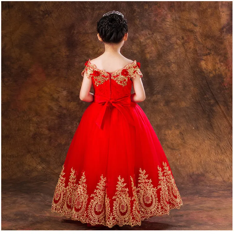 Роскошное красное платье с цветочным узором для девочек без рукавов кружевной