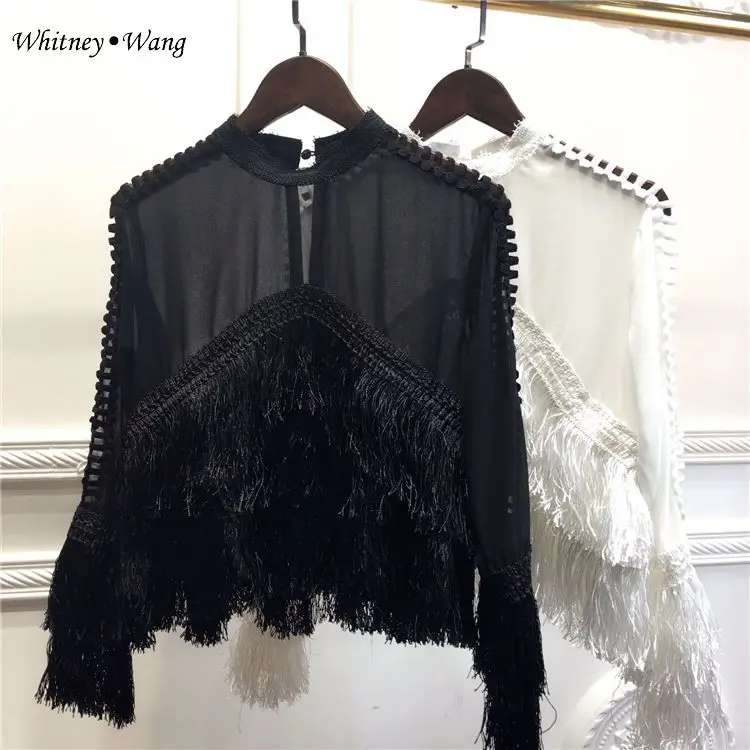 Женская прозрачная шифоновая блузка WHITNEY WANG ажурная с кисточками и открытой