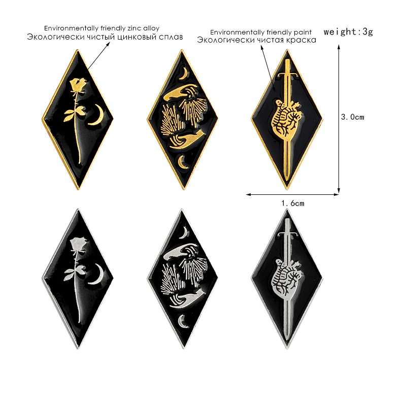 Punk Personality color enamel Pins Badges Rose Moon Sword inserted heart Witch hands magic Lapel brooches women Jewelry
Punk Personality color enamel Pins Badges Rose Moon Sword inserted heart Witch hands magic Lapel brooches women Jewelry