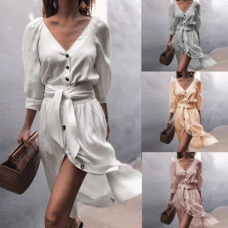 Women Sexy V Neck Loose High Waist Half Sleeve Pleated Buttons Casual Mini Vestidos Sash Autumn Dress
Women Sexy V Neck Loose High Waist Half Sleeve Pleated Buttons Casual Mini Vestidos Sash Autumn Dress