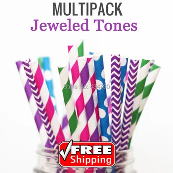 200 Pcs Mix 4 Designs JEWELED TONES Paper Drinking Straws, Baby Pink,Deep Purple, Kelly Green, Chevron, Striped, Party Supplies