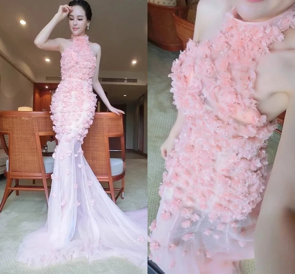 Sexy Pink Halter 3D Flowers Mermaid Prom Gowns Appliques Sweep Train Evening Formal Dress for Women Vestidos
Sexy Pink Halter 3D Flowers Mermaid Prom Gowns Appliques Sweep Train Evening Formal Dress for Women Vestidos