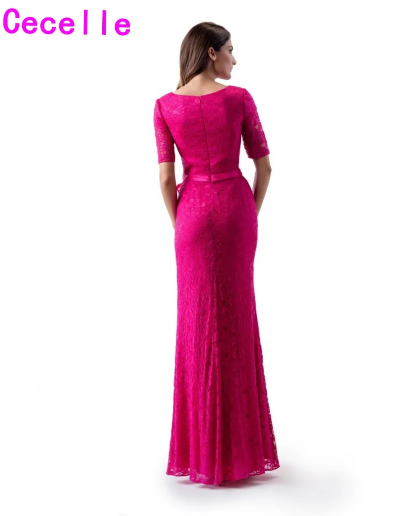 Fuchsia Lace Sheath Long Modest Bridesmaid Dresses With 1/2 Sleeves Women Simple Floor Length Temple Country Bridesmaid Gowns
Fuchsia Lace Sheath Long Modest Bridesmaid Dresses With 1/2 Sleeves Women Simple Floor Length Temple Country Bridesmaid Gowns