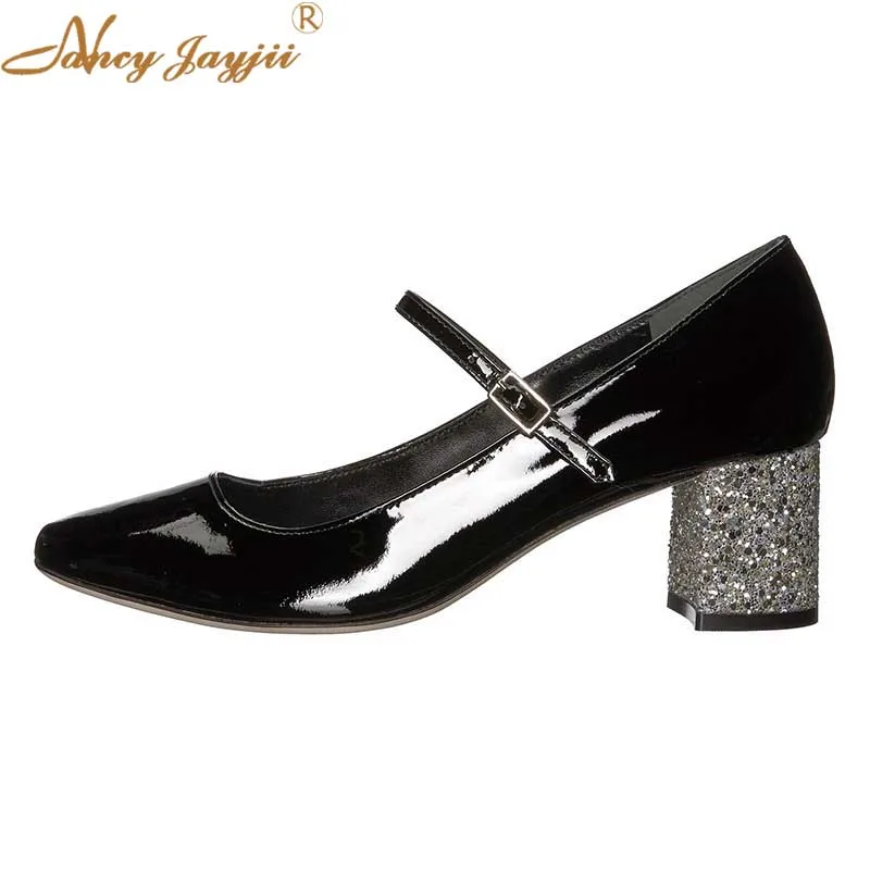 Patent Black Mary Jane Mid Block Pumps Silver Glitter Wrapped Heels Square Toe Buckle Strap Boat Ladies Shoes Women 2019
Patent Black Mary Jane Mid Block Pumps Silver Glitter Wrapped Heels Square Toe Buckle Strap Boat Ladies Shoes Women 2019