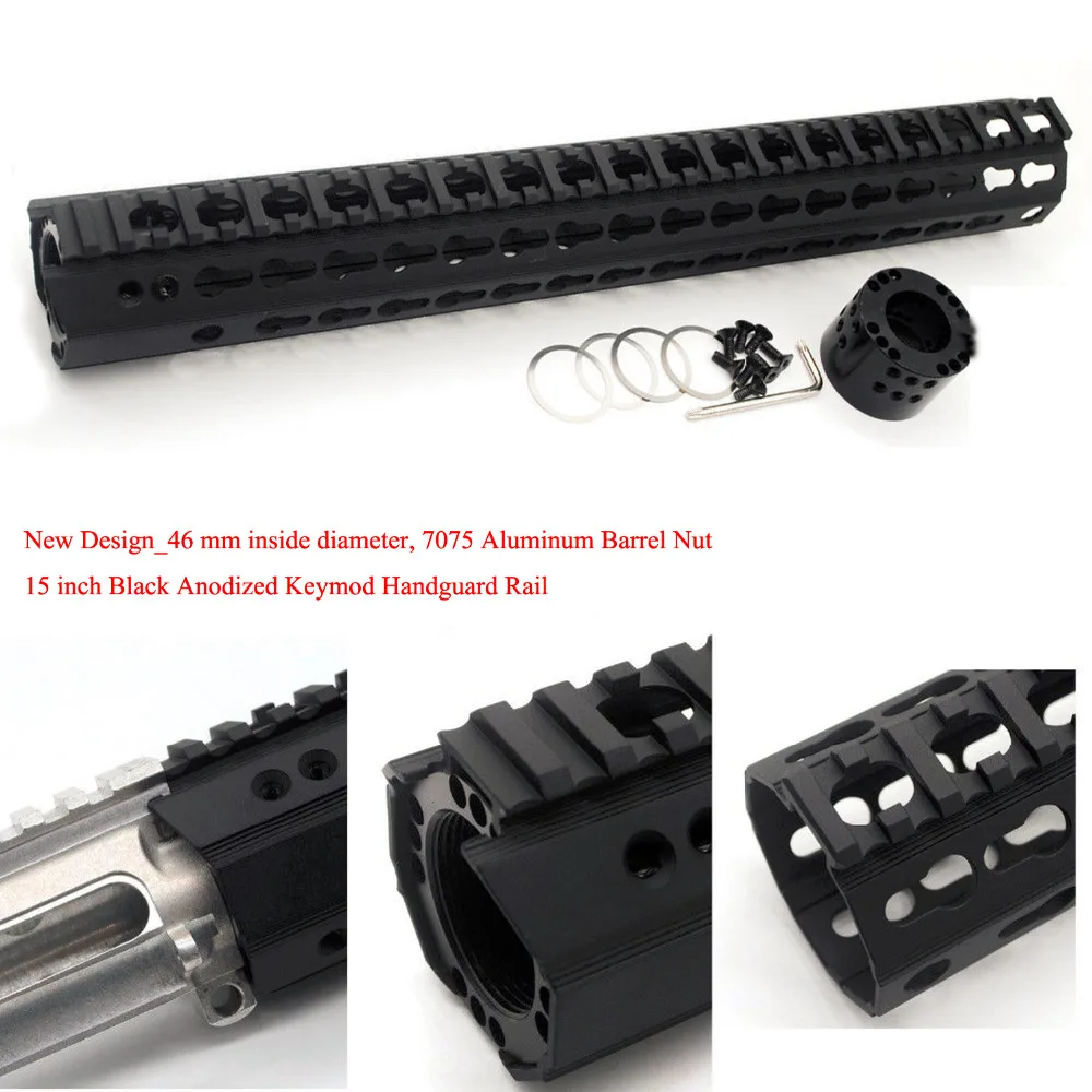 15'' inch Black Anodized Keymod Handguard Rail Picatinny Mount System New Design_46 mm inside diameter 7075 Aluminum Barrel Nut
15'' inch Black Anodized Keymod Handguard Rail Picatinny Mount System New Design_46 mm inside diameter 7075 Aluminum Barrel Nut