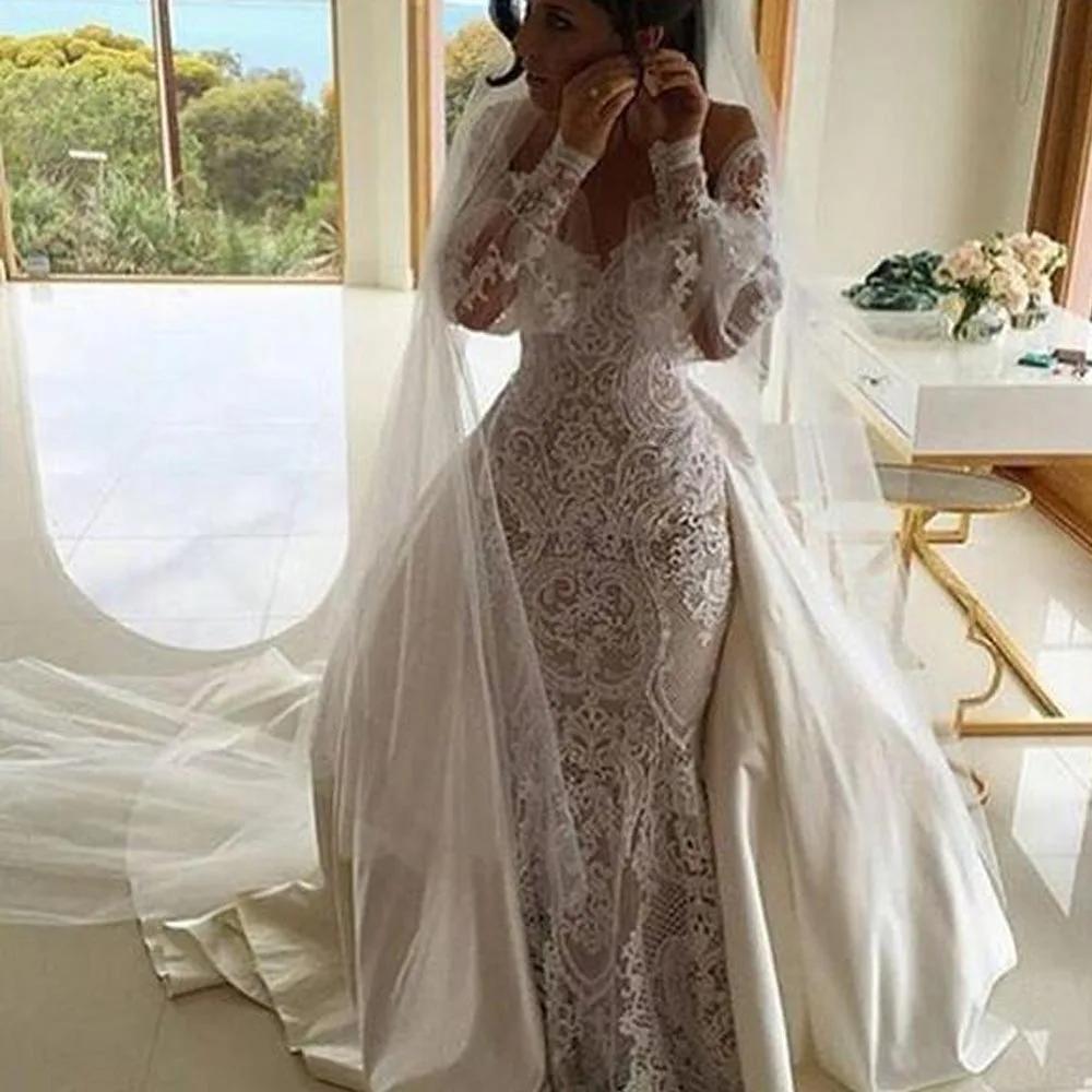 Amazing Vintage 2020 Designer Illusion Lace Applique Mermaid Long Sleeve Wedding Dresses with detachable Train wedding gown
Amazing Vintage 2020 Designer Illusion Lace Applique Mermaid Long Sleeve Wedding Dresses with detachable Train wedding gown