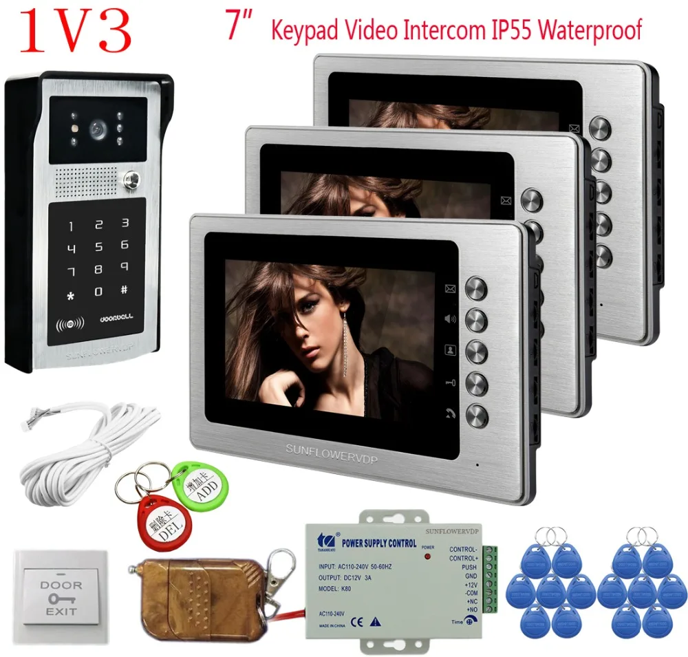Doorbell Video 3 Units 7 Inch Color Monitor Video Door Phone Intercom System Rfid Video Door Entry Panel Bell+Remote Control 1V3
Doorbell Video 3 Units 7 Inch Color Monitor Video Door Phone Intercom System Rfid Video Door Entry Panel Bell+Remote Control 1V3