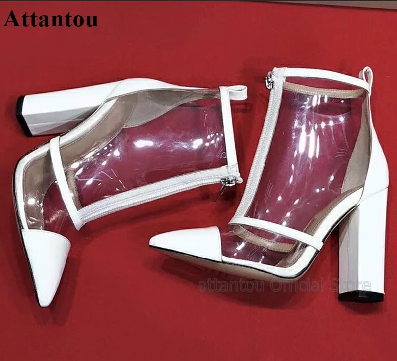 Hollow Out Sexy Transparent PVC Thin Heeled Ankle Boots Woman Pointed Toe Front Zipper Patchwork High Heel Party Shoes
Hollow Out Sexy Transparent PVC Thin Heeled Ankle Boots Woman Pointed Toe Front Zipper Patchwork High Heel Party Shoes