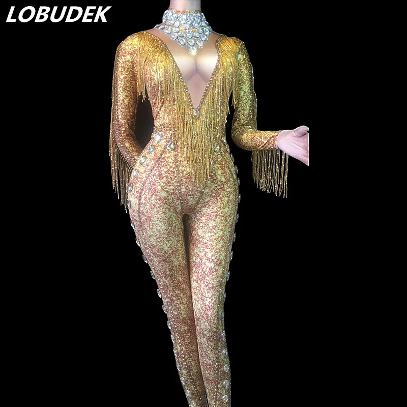 Zentai Female Stage Wear Gold Rhinestones Tassels Jumpsuit Sexy Stretch Long Sleeve Bodysuit Singer Party Bar Prom DS Costume
Zentai Female Stage Wear Gold Rhinestones Tassels Jumpsuit Sexy Stretch Long Sleeve Bodysuit Singer Party Bar Prom DS Costume