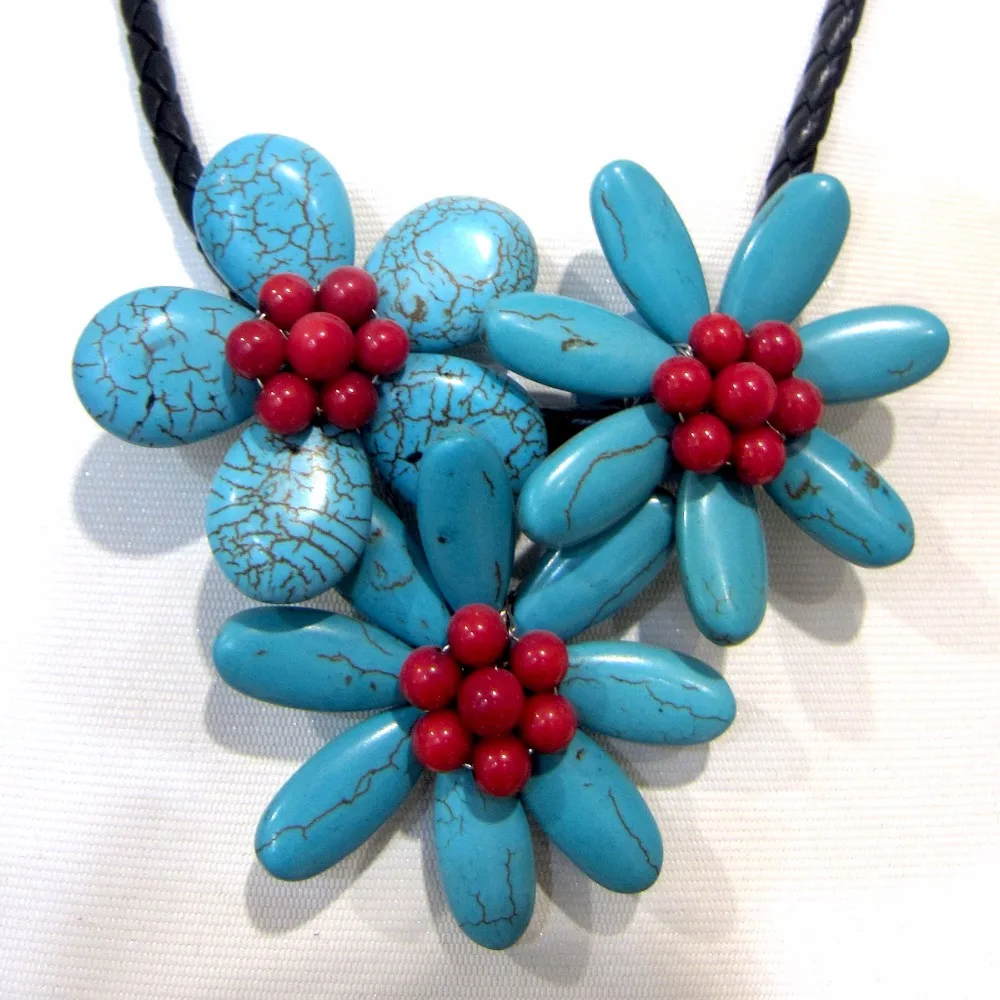 Красный коралловый и голубой бирюзовый кулон с цветком ручной работы|flower pendant