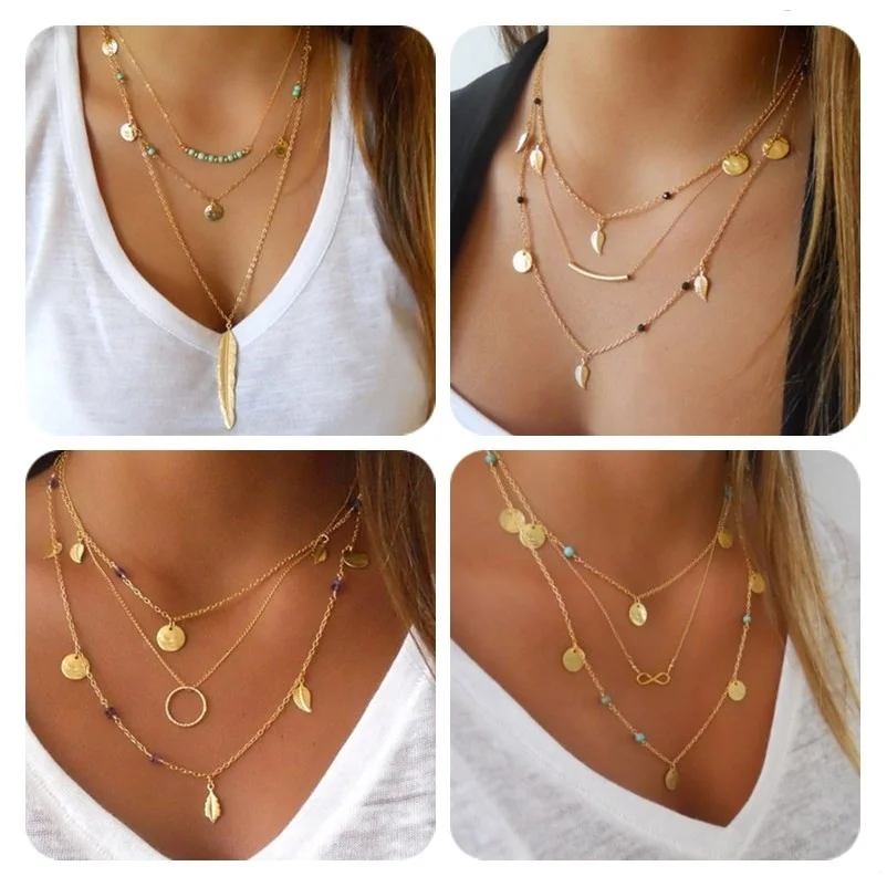 New Gold Silver Color Multi-layer Chain Necklace Tassel Beads Sequins Leaves Pendant Choker Necklaces for Women Jewelry
New Gold Silver Color Multi-layer Chain Necklace Tassel Beads Sequins Leaves Pendant Choker Necklaces for Women Jewelry