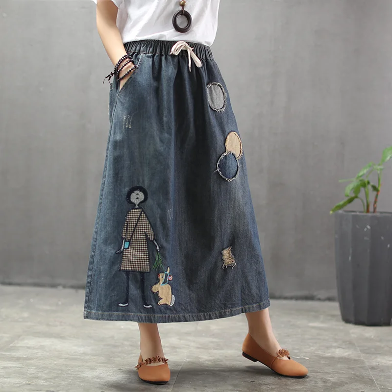 Женская джинсовая юбка винтажная Повседневная Свободная с высокой талией