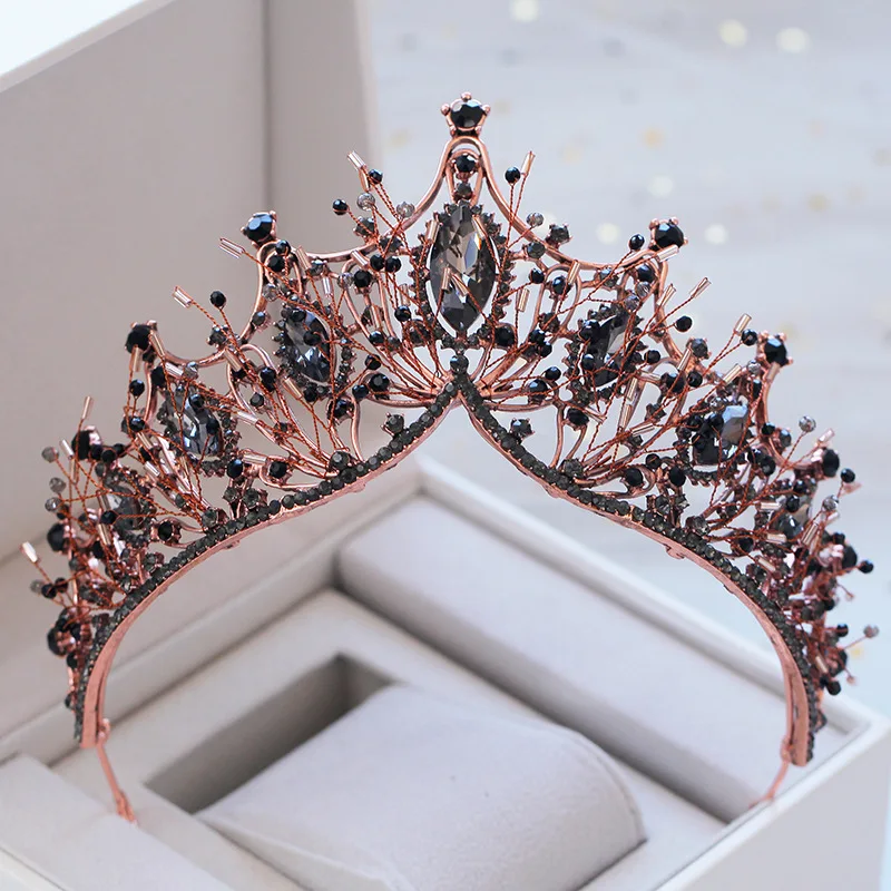 

New Baroque Vintage Black Crystal Bridal Crowns Tiaras Rose Gold Bride Wedding Headpieces Hairband Princess tocados para novia