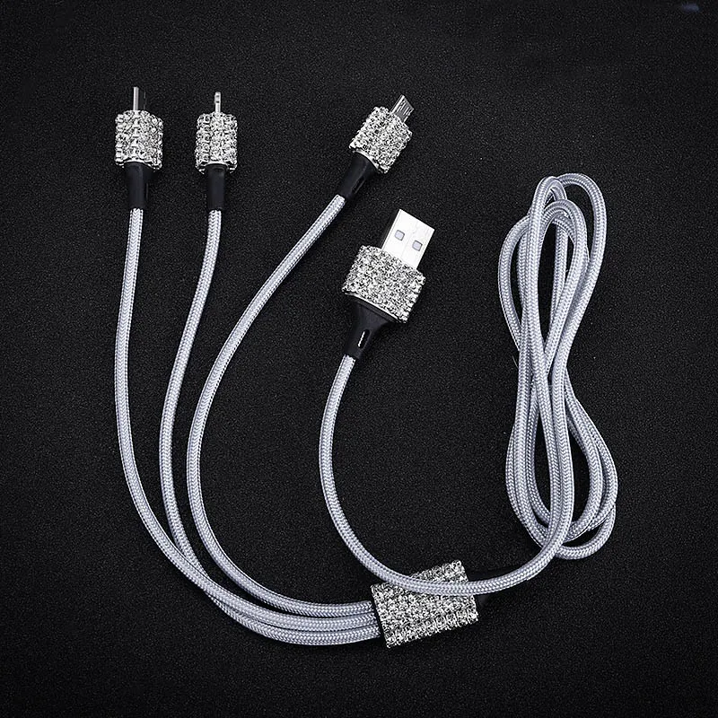 3 в 1 USB кабель для iPhone с украшением виде кристаллов автомобиль Быстрый зарядный