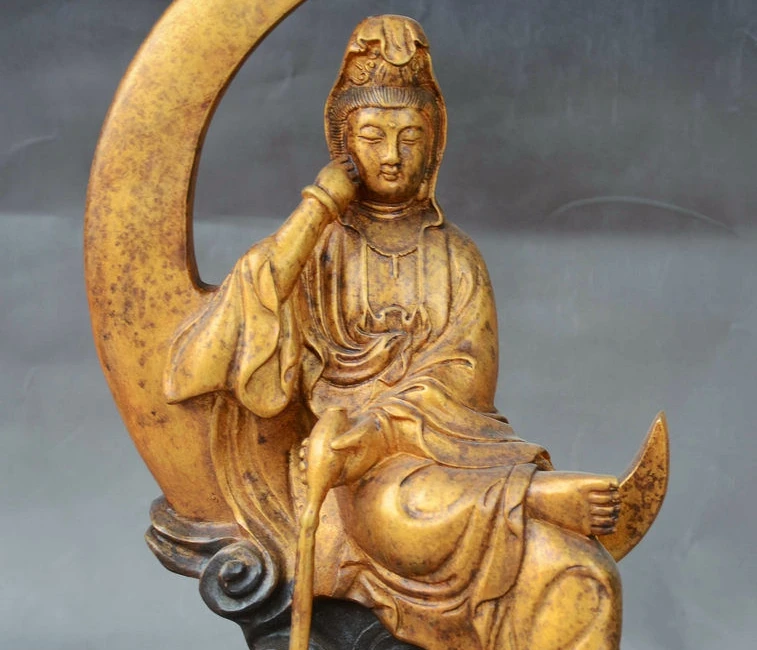 Китайский буддийский Храмовая бронзовая фигурка Gilt Free Kwan-yin богиня Гуаньинь