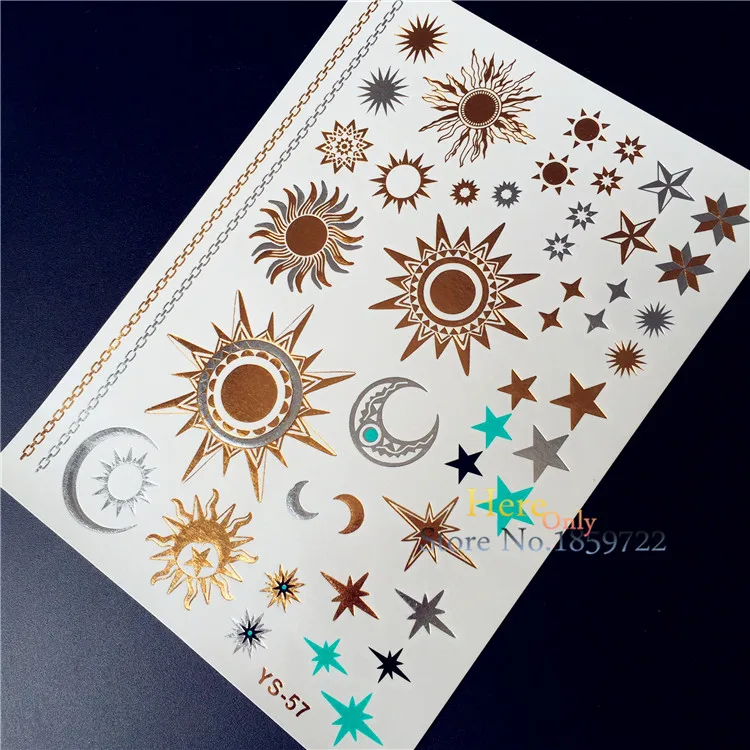 1PC Hot Glod Silver Blue Temporary Tattoo Men Women Decals HYS-57 Indian Sun Moon Chain Design Flash Metallic Waterproof Tattoos
1PC Hot Glod Silver Blue Temporary Tattoo Men Women Decals HYS-57 Indian Sun Moon Chain Design Flash Metallic Waterproof Tattoos