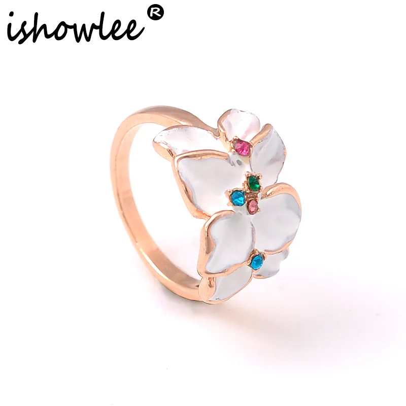 ISHOWLEE цветок из белой эмали кольцо для женщин элегантные розовое золото 585 милые