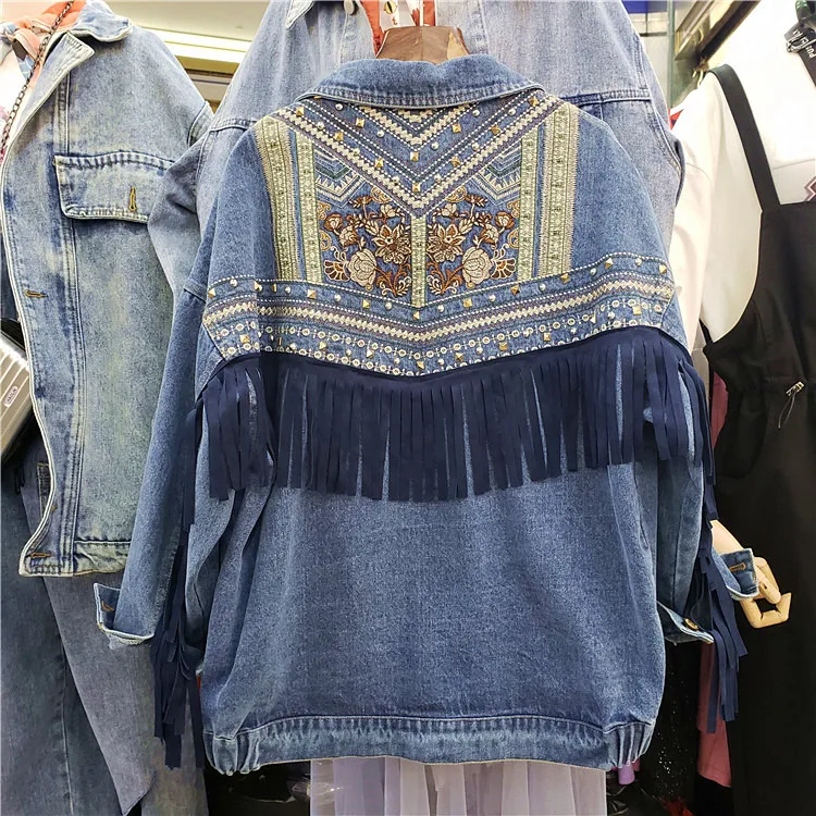 2020 Spring Womans Jeans Jacket Retro Embroidery Rivet Tassel Denim Coat Outwear Female Loose Casual Cowboy Jackets Basic Coats
2020 Spring Womans Jeans Jacket Retro Embroidery Rivet Tassel Denim Coat Outwear Female Loose Casual Cowboy Jackets Basic Coats
