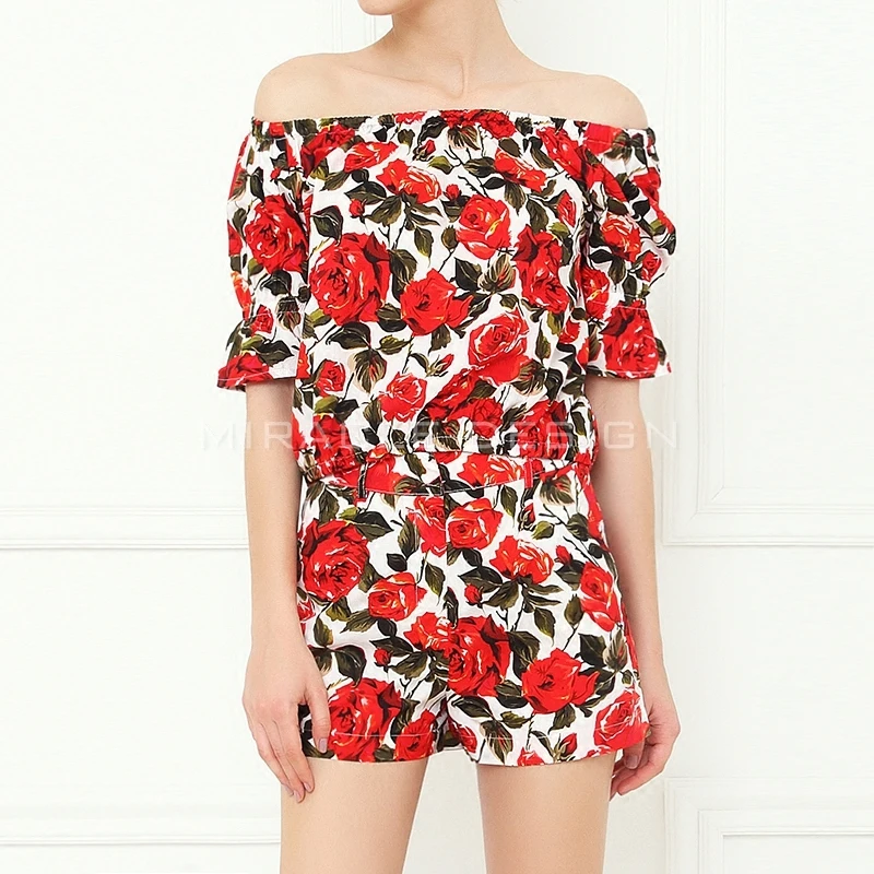 Women Summer Fashion Rose Flower Print Elastic Slash Neck Half Sleeves Off Shoulder Top Shirts + High Waist Short Pants Sets
Women Summer Fashion Rose Flower Print Elastic Slash Neck Half Sleeves Off Shoulder Top Shirts + High Waist Short Pants Sets