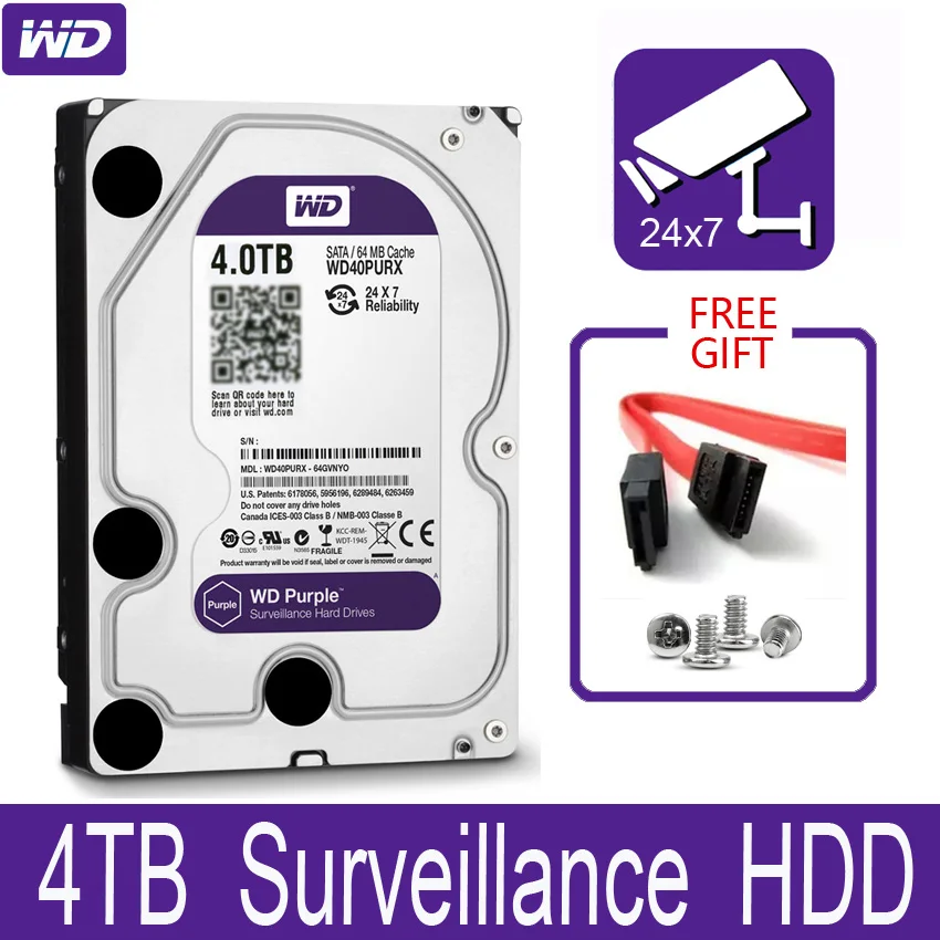 

WD Purple 4TB Surveillance Internal Hard Drive Disk 3.5" 64M Cache SATA III 6Gb/s 4T 4000GB HDD HD Harddisk for CCTV DVR NVR