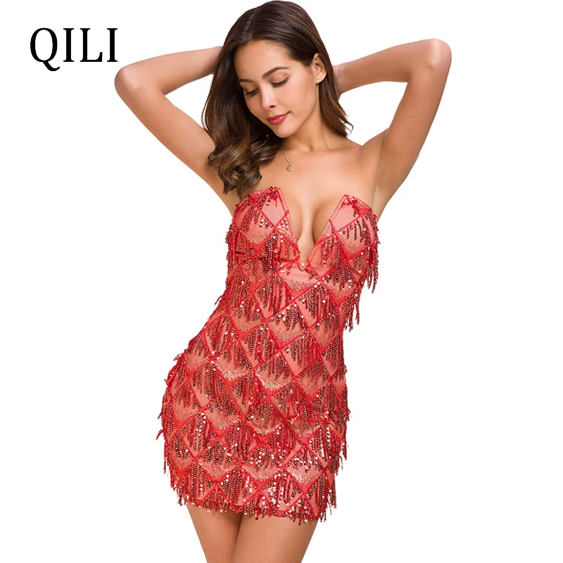 QILI Elegant Sequin Dress Sexy V-neck Strapless Plaid Sequined Short Dresses 2019 New Party Dress Red Wine-Red Champagne
QILI Elegant Sequin Dress Sexy V-neck Strapless Plaid Sequined Short Dresses 2019 New Party Dress Red Wine-Red Champagne