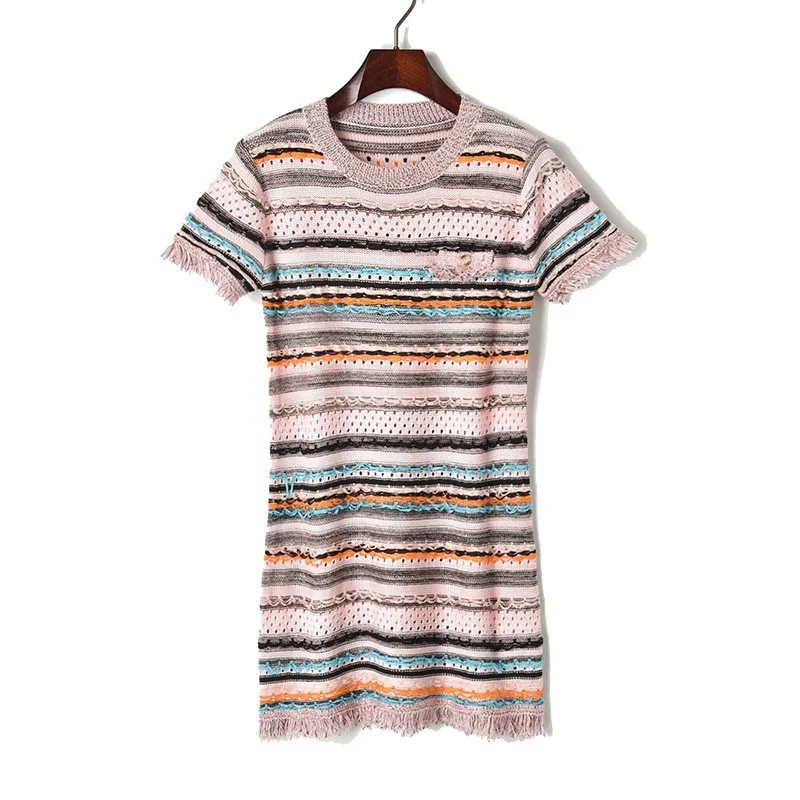 Women 2019 summer new color mixed hollow striped fringed short sleeve knitted dress female fashion mini dresses
Women 2019 summer new color mixed hollow striped fringed short sleeve knitted dress female fashion mini dresses