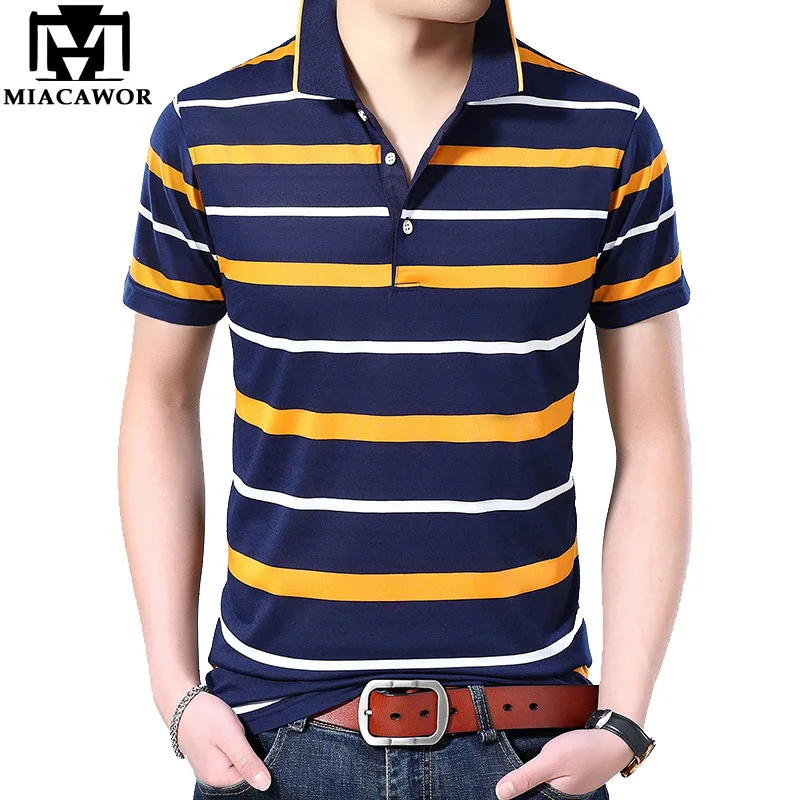 MIACAWOR новые оригинальные рубашки поло мужские в полоску Homme Slim Fit Camisa летние с