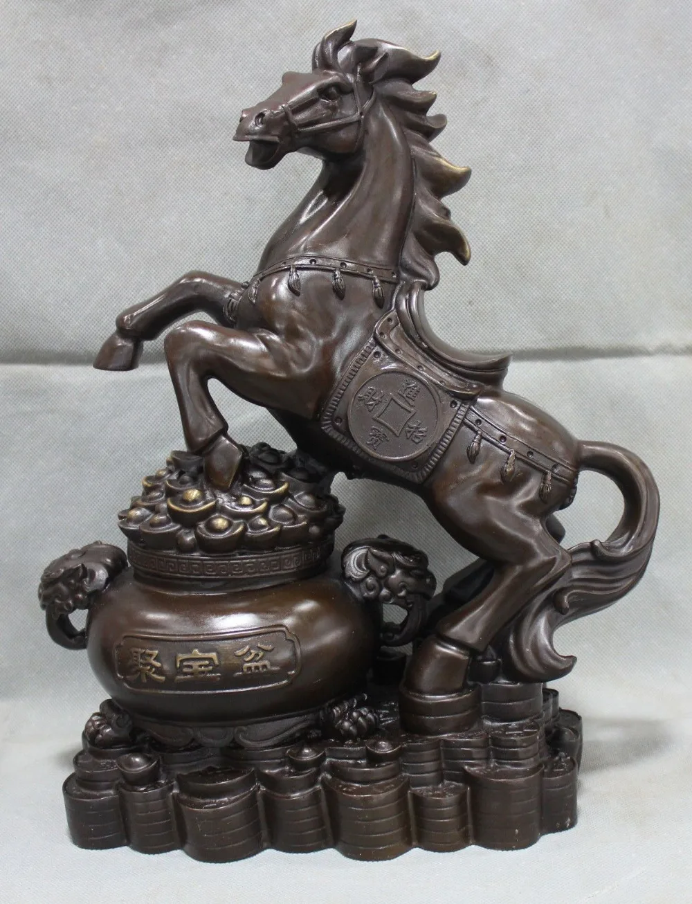 xd 001553 17" China Chinese Fengshui Bronze Zodiac Year Horse wealth treasure bowl Statue