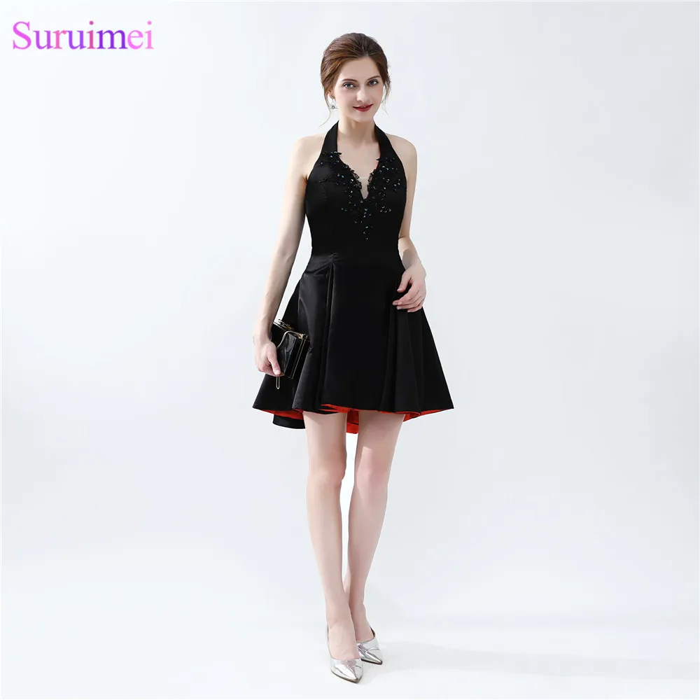 Halter Prom Gown V beck Satin Above Knee Mini Short Black Prom Dresses Girls Party Gown
Halter Prom Gown V beck Satin Above Knee Mini Short Black Prom Dresses Girls Party Gown