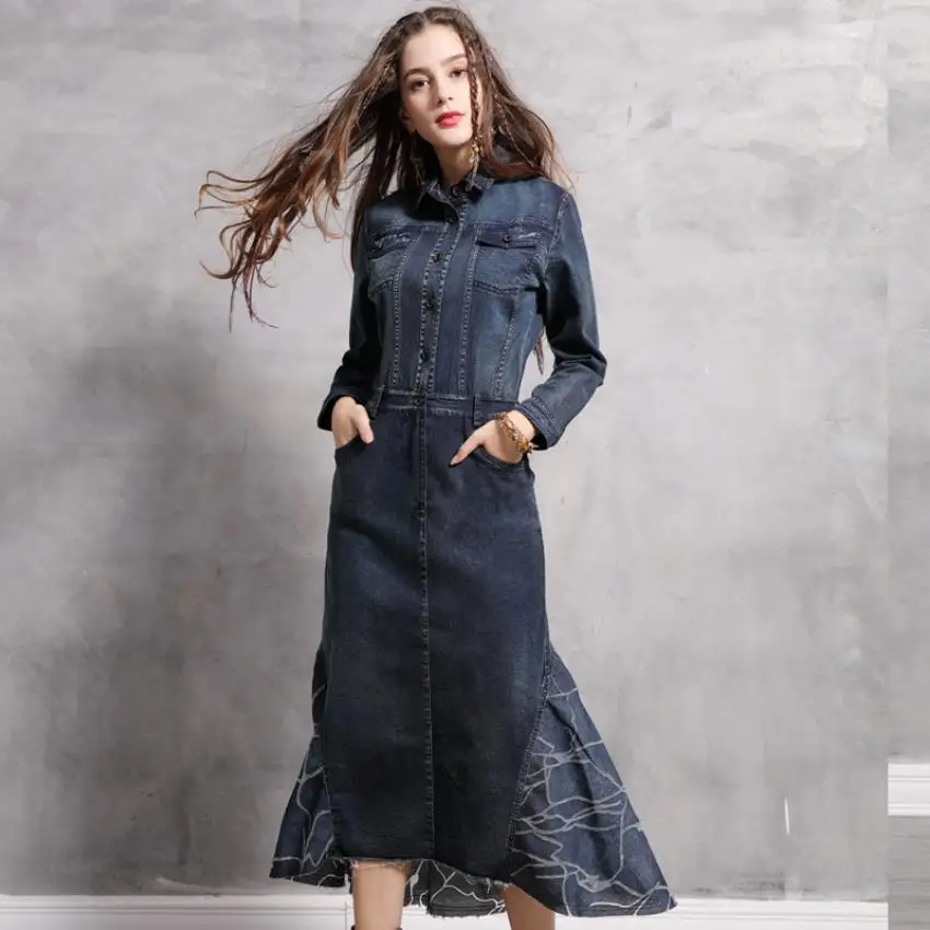 100% cotton retro style Trumpet Mermaid denim dress female single breasted printed ruffles stitching french retro dress wq1979
100% cotton retro style Trumpet Mermaid denim dress female single breasted printed ruffles stitching french retro dress wq1979