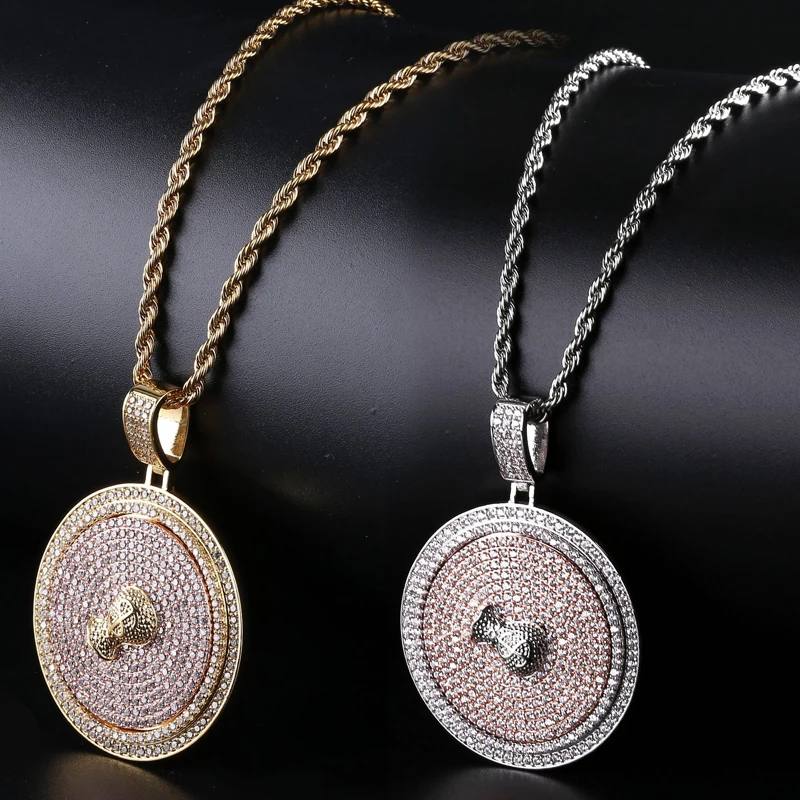 

Bling Ice Out AAA CZ Stone Gold Silver Color US Money Dollar Rotatable Round Pendants Necklaces for Men Hip Hop Rapper Jewelry