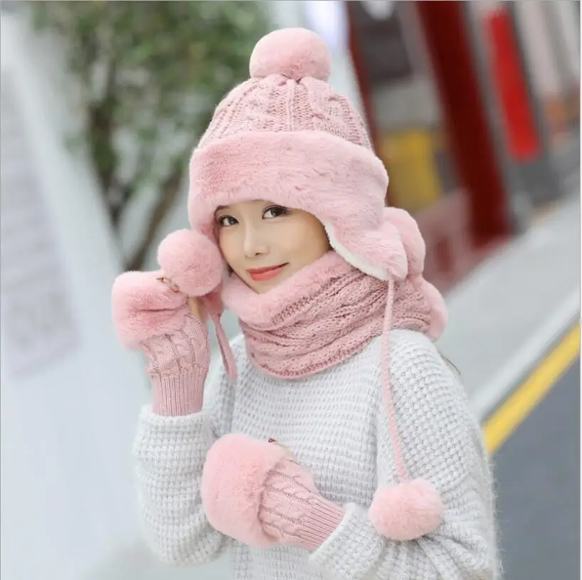 Woman Winter Knit Hat +Collar Gloves Sets Plus Velvet Padded Earmuffs Warm Fashion Beanies Scarf Glove Suits Girls Cap 
Woman Winter Knit Hat +Collar Gloves Sets Plus Velvet Padded Earmuffs Warm Fashion Beanies Scarf Glove Suits Girls Cap