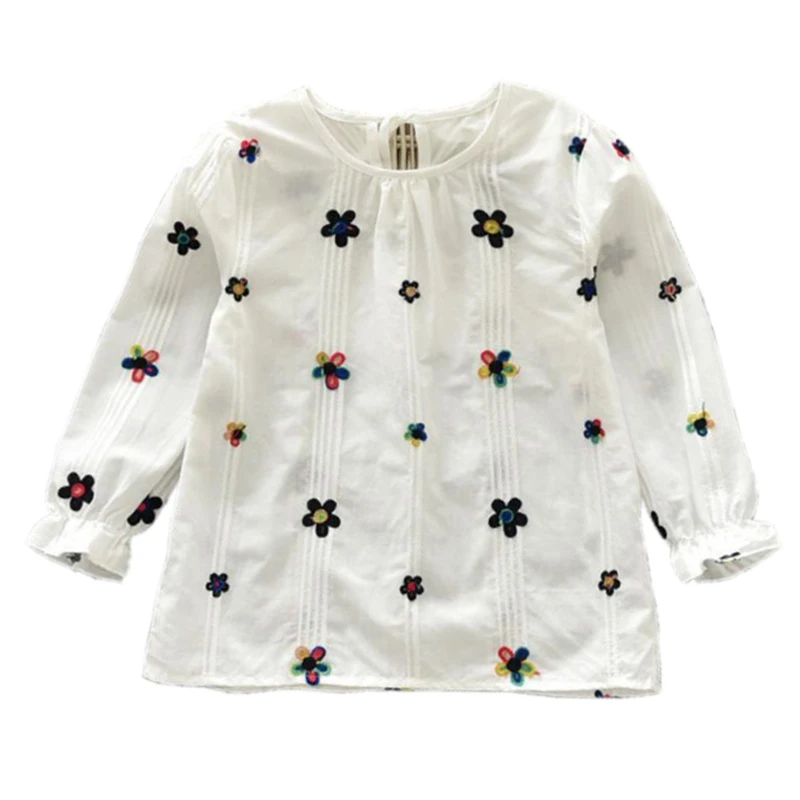 2018 Осенние Топы и блузки для маленьких девочек хлопковая белая Цветочная блузка