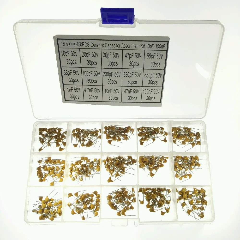 15 Values 450pcs (10pF~100nF) 10pF 20pF 30pF 47pF 56pF 68pF 100pF 200pF 330pF 680pF 50V Ceramic Capacitor Assortment Box Kit
15 Values 450pcs (10pF~100nF) 10pF 20pF 30pF 47pF 56pF 68pF 100pF 200pF 330pF 680pF 50V Ceramic Capacitor Assortment Box Kit