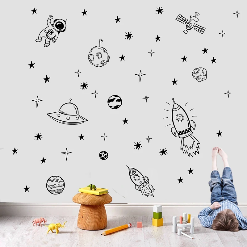 

Rocket Ship Astronaut Creative Vinyl Wall Sticker For Boy Room Decoration Outer Space Wall Decal Nursery Kids Bedroom Decor NR13