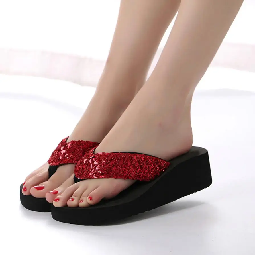 SAGACE Female Summer Korean version 2018 Fashion Sequin Anti-slip Wedge Flip-flops Indoor and outdoor Slippers Apr10 40 | Обувь