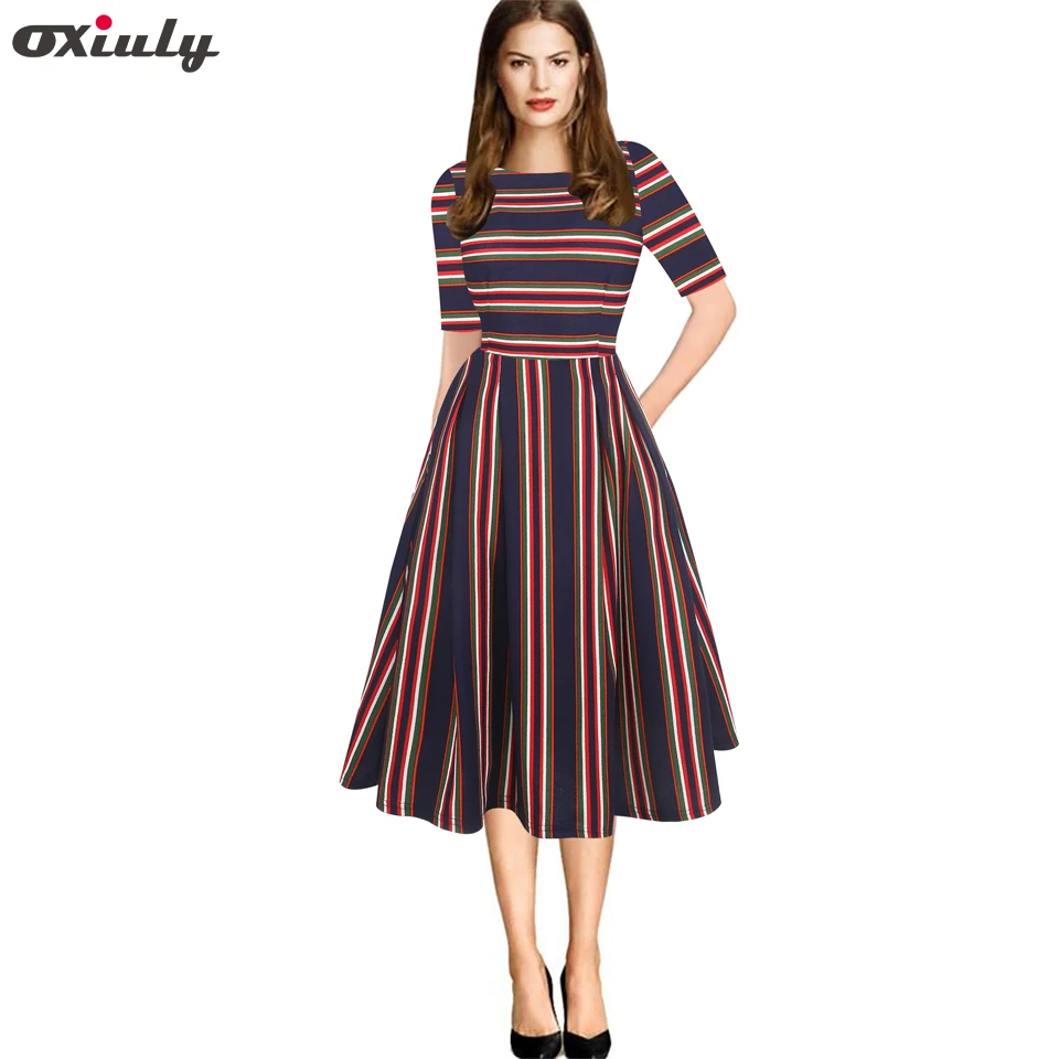 Oxiuly Elegant Striped Dress O-Neck Vestidos A-Line Patchwork Tunic Pinup Business Women Flare Swing Dress
Oxiuly Elegant Striped Dress O-Neck Vestidos A-Line Patchwork Tunic Pinup Business Women Flare Swing Dress