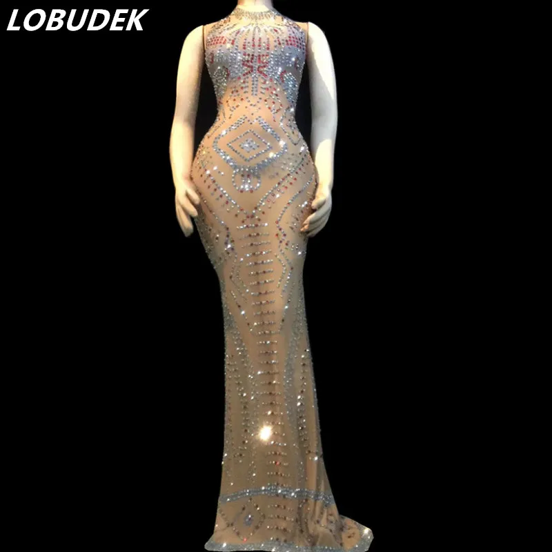 Sexy Transparent Silver Rhinestones Mesh Trailing Long Dress Stretch Sleeveless Birthday Prom Party Celebration Singer Costume
Sexy Transparent Silver Rhinestones Mesh Trailing Long Dress Stretch Sleeveless Birthday Prom Party Celebration Singer Costume