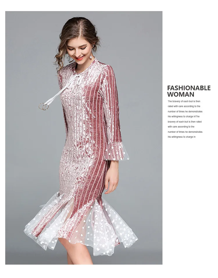 European station autumn and winter women's fashion European and American trumpet sleeve velvet stitching mesh fishtail dress
European station autumn and winter women's fashion European and American trumpet sleeve velvet stitching mesh fishtail dress