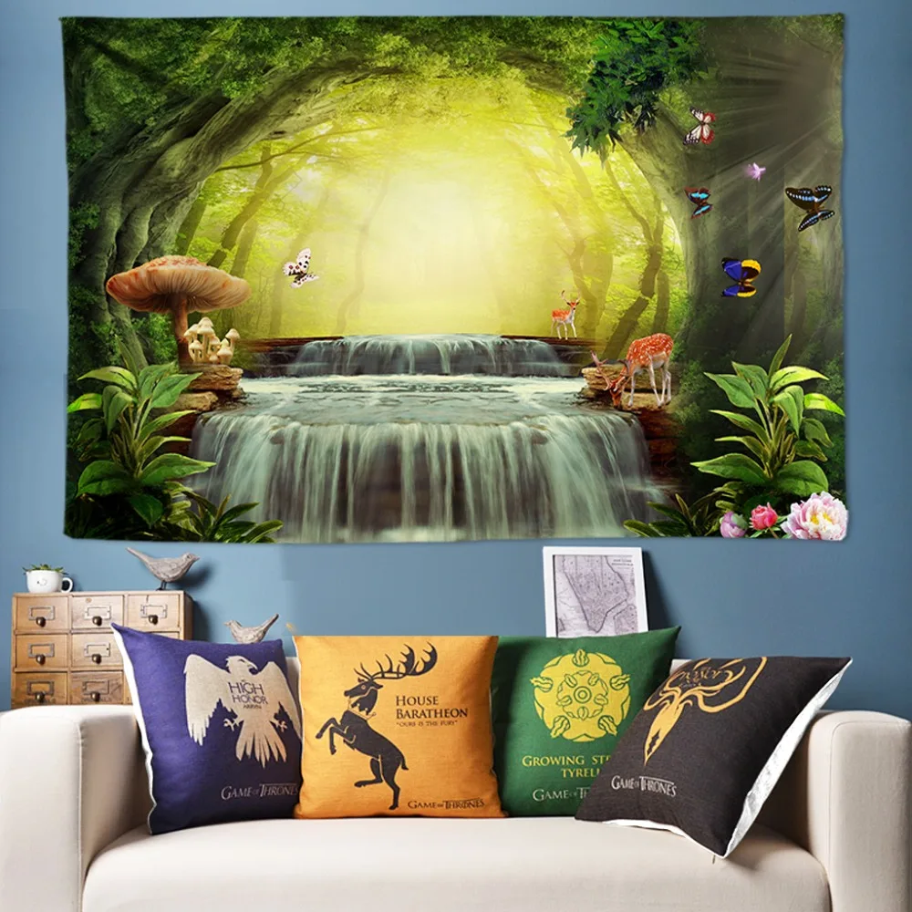 

Psychedelic Waterfall Tapestry 3D Natural Forest Flower Wall Hanging Boho Elk Butterfly Decoration Mandala Wall Tapestries Large