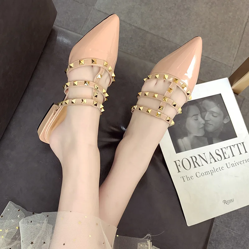 XDA Women Pointed Toe Slippers Slip on Mules Brand Designers 2019 Fashion Luxury Rivet T-strap Slides casual slipper C05 | Обувь